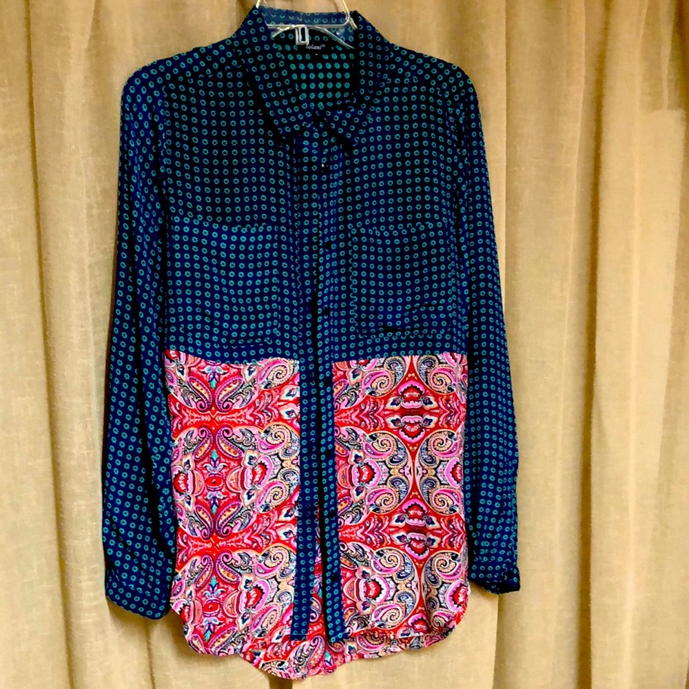 Tolani brand from Anthropologie; Small blouse w/teal, turquoise & bright colors